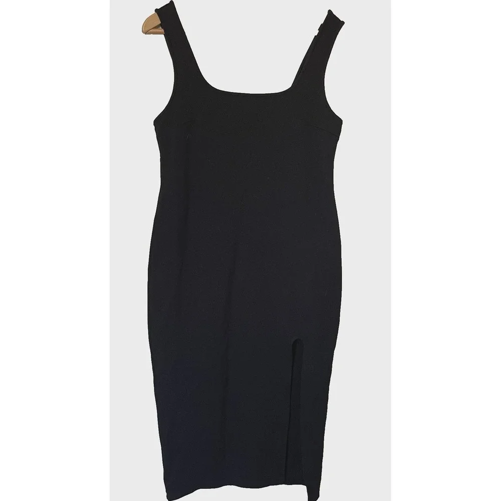 Forever 21 Black Stretchy Bodycon Tank Neckline Maxi Dress Size XL Leg Slit Sexy